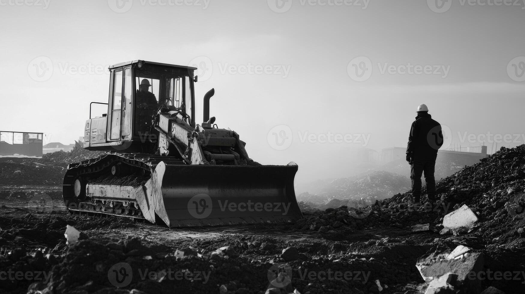 Bulldozer and Construction Worker on a Demolition Site photo