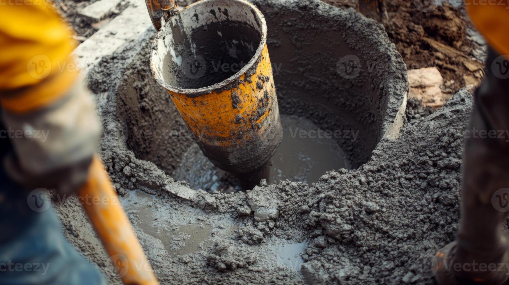 Close-up of a Yellow Concrete Mixing Tool in a Hole of Wet Concrete photo