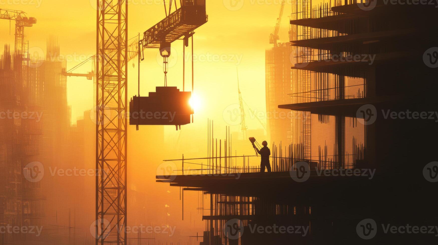 Construction Worker Silhouette Against a Setting Sun on a Skyscraper Under Construction photo