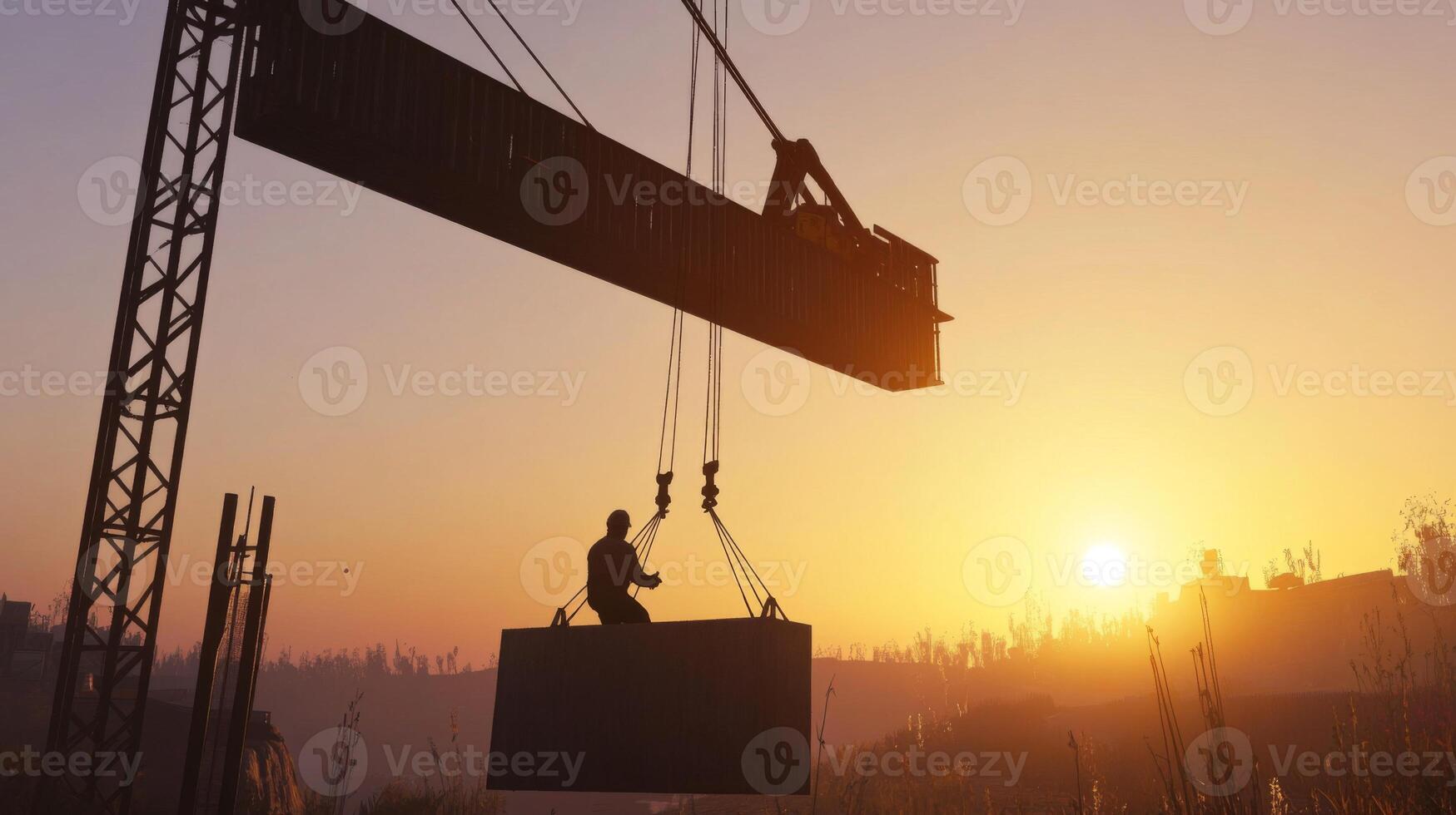 A Construction Worker Using a Crane to Lift a Large Concrete Slab at Sunset photo