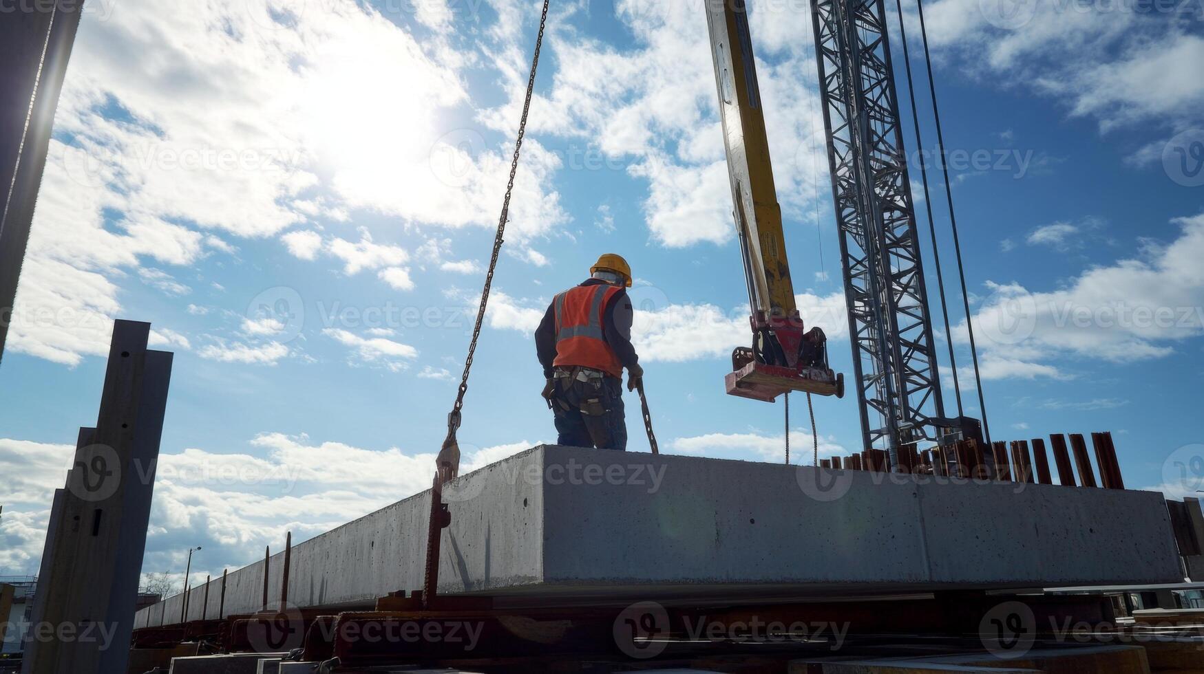 Construction Worker Directing a Crane Lifting a Concrete Beam photo