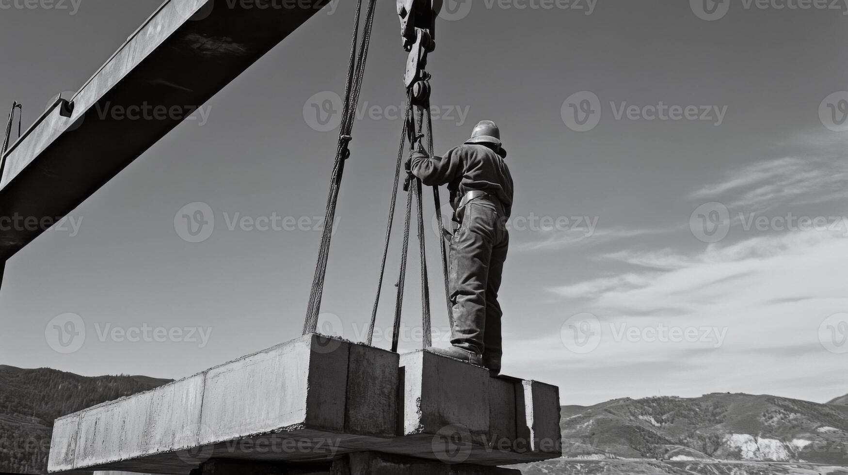 Worker Standing on Concrete Blocks with Crane in the Background photo