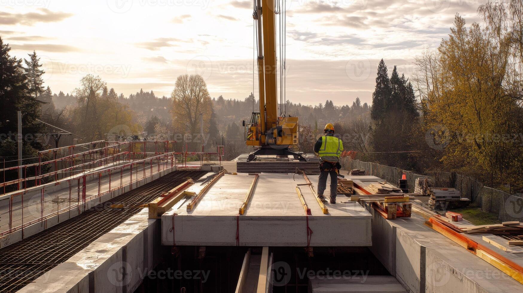 Construction Worker Standing on Concrete Slab with Crane in Background photo