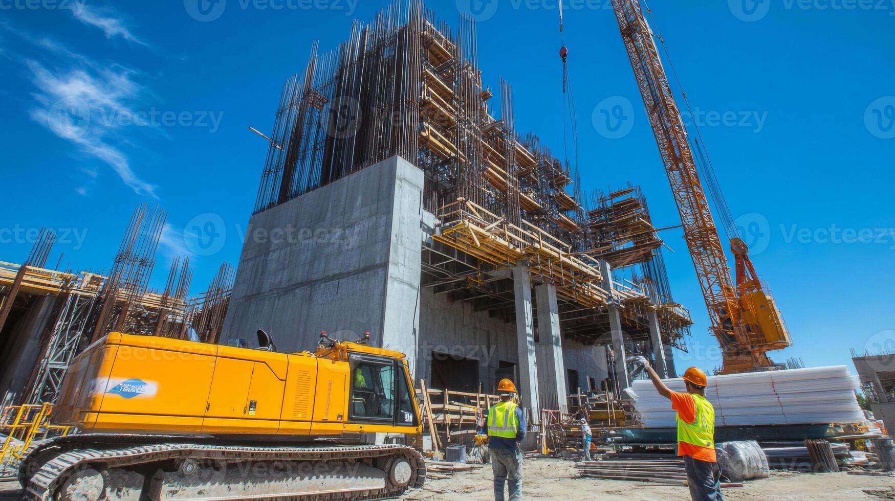 Construction Site with Crane, Excavator, and Workers photo