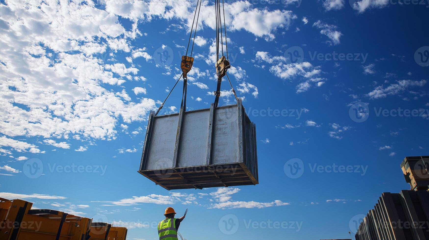 A Crane Lifting a Large Metal Panel Against a Blue Sky with White Clouds photo