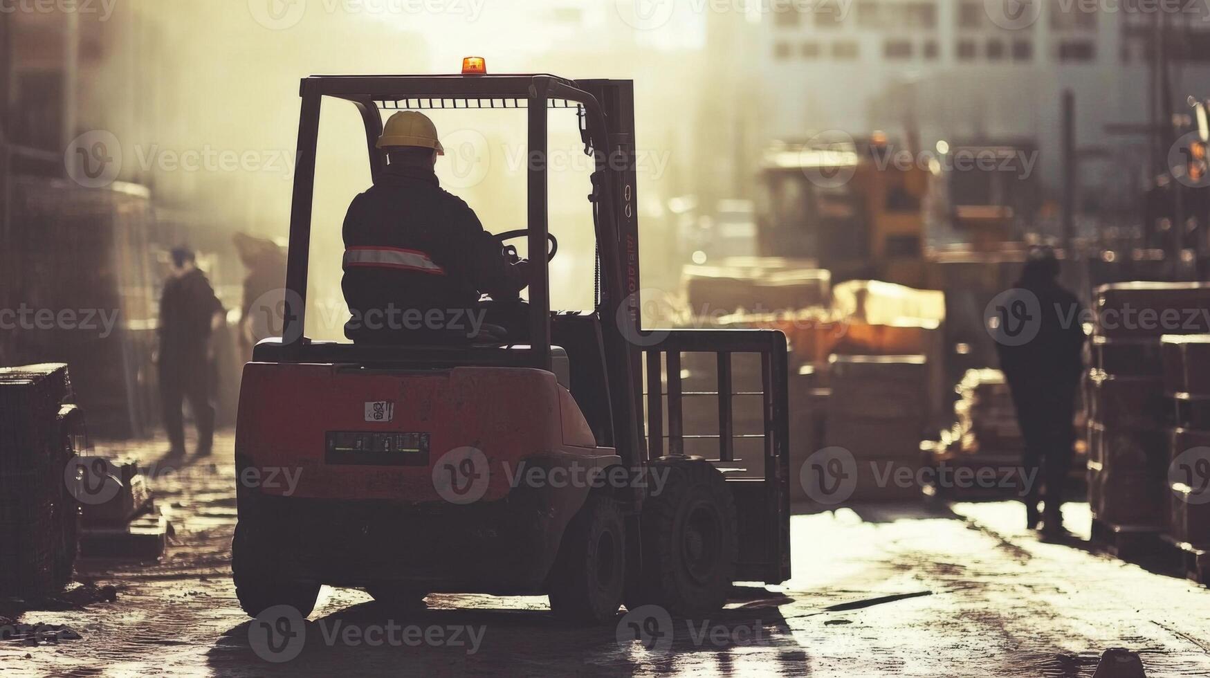 A Construction Worker Operating a Forklift in a Construction Zone photo