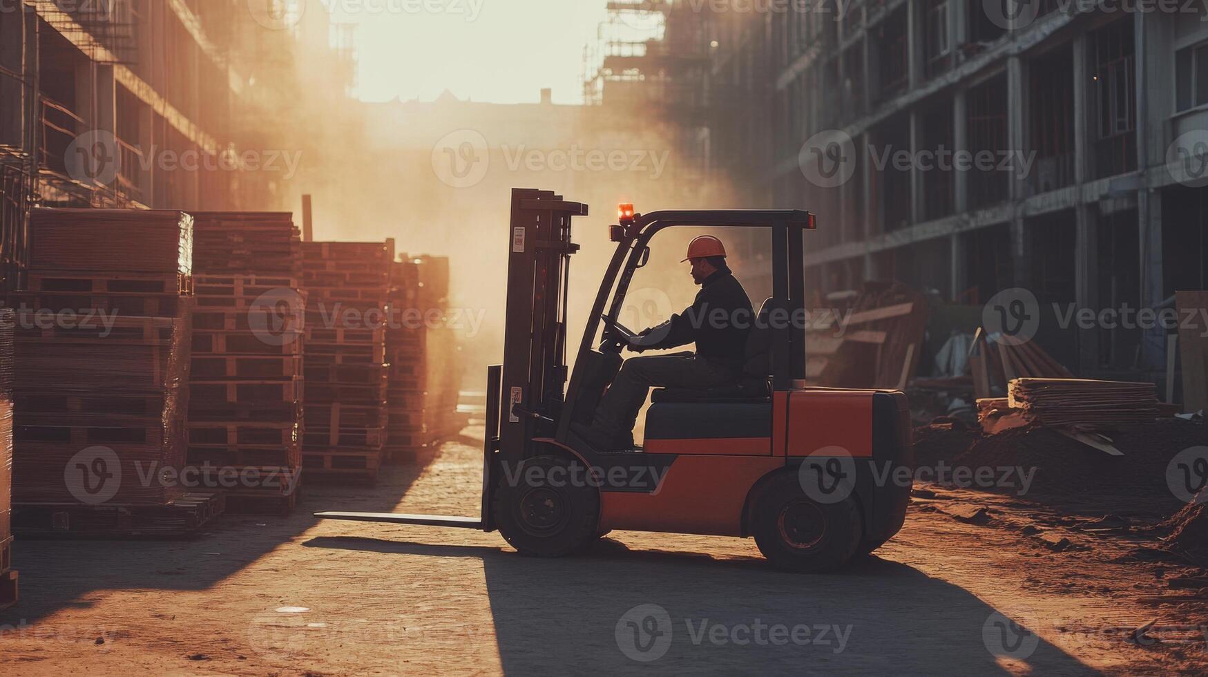 Construction Worker Operating Forklift at a Building Site photo