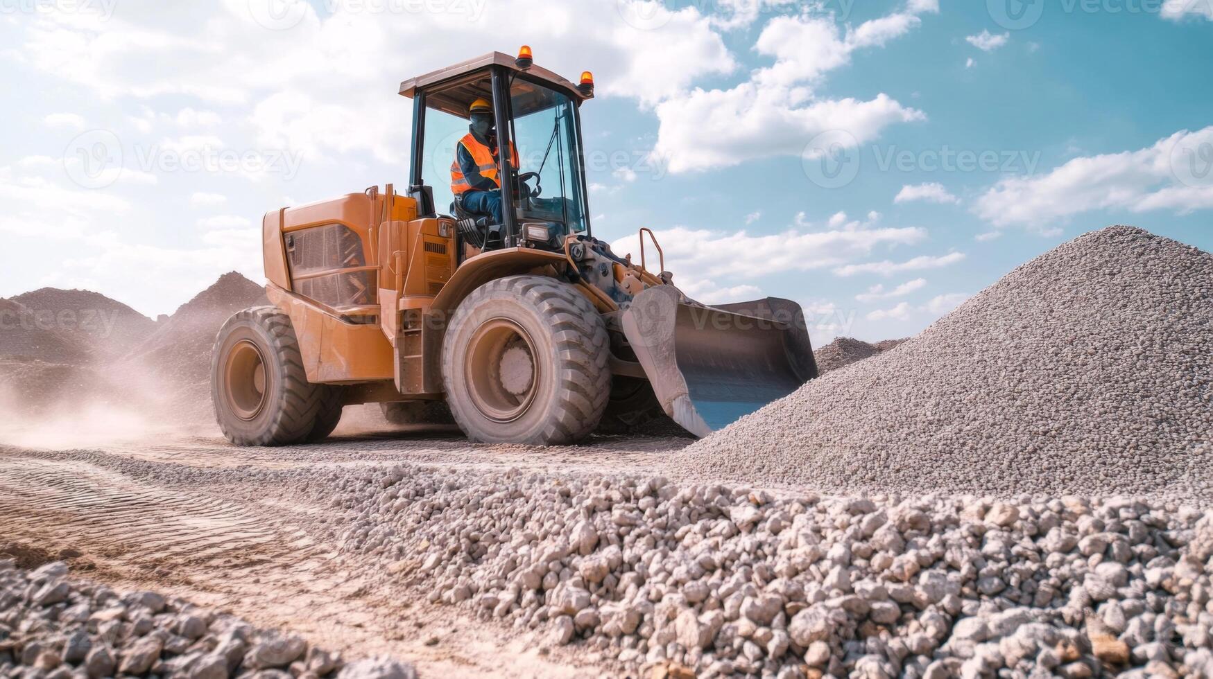 A Construction Worker Operating a Loader to Move Rocks photo