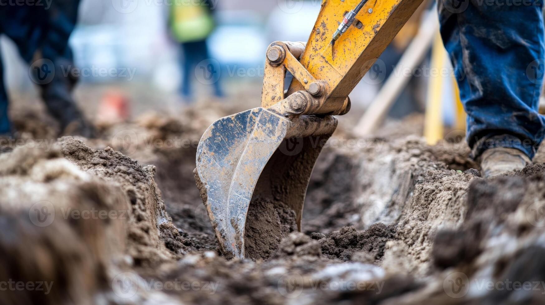 Excavator Arm and Bucket Digging in Dirt photo