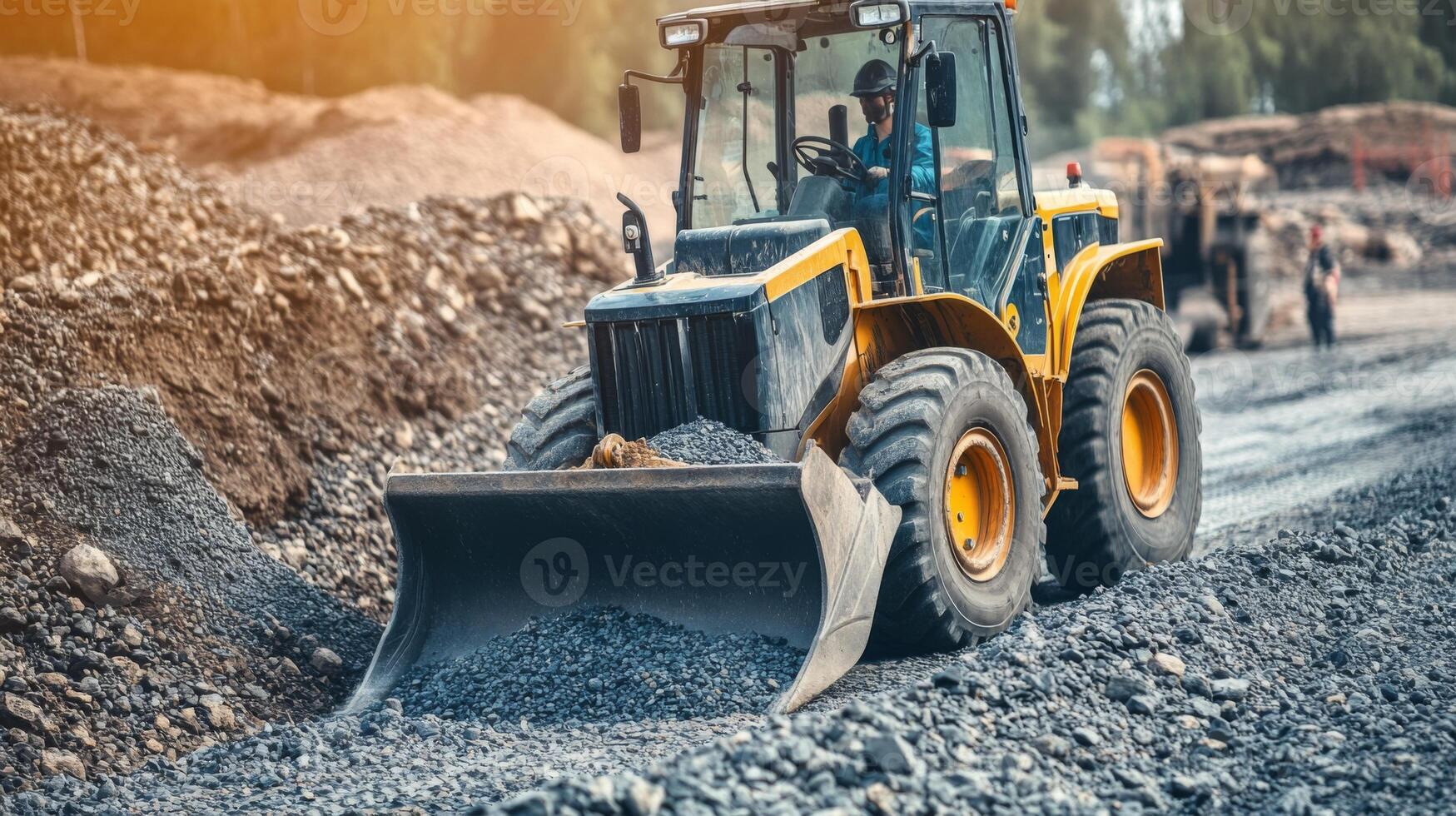 Yellow Loader Excavator Moving Gravel on Construction Site photo