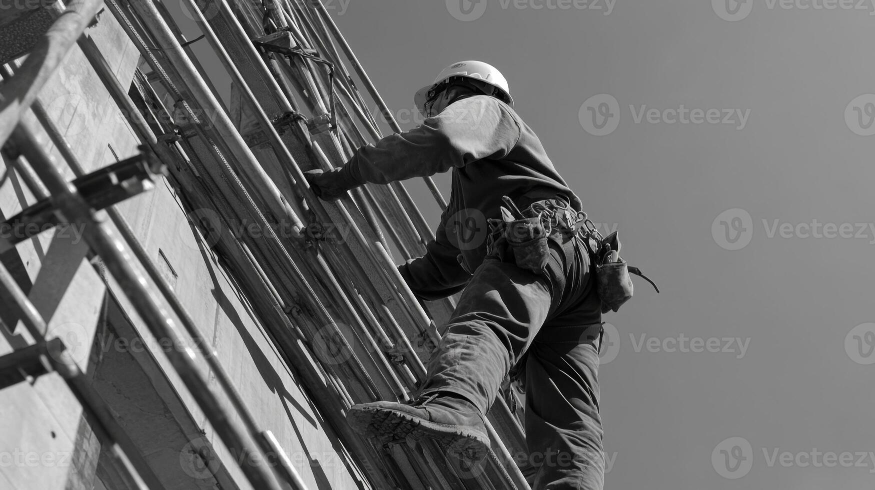 Construction Worker Climbing Scaffolding on a Building photo