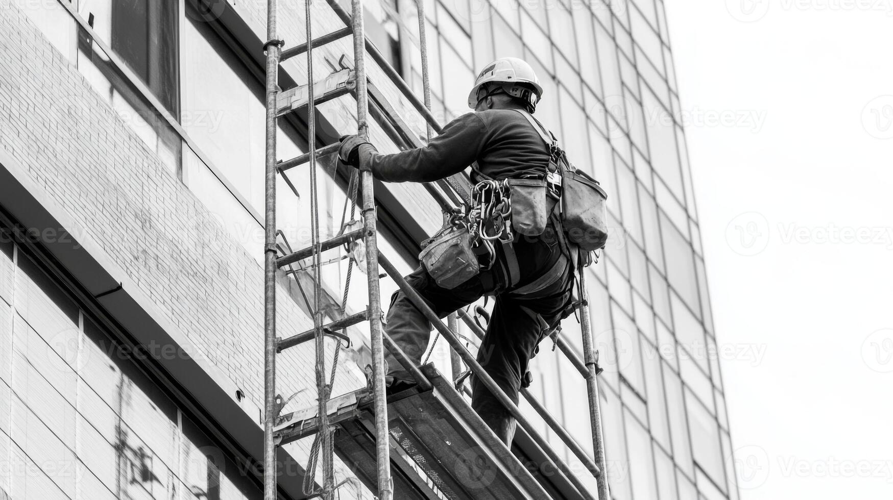Construction Worker Ascending Scaffolding on a Modern Building photo