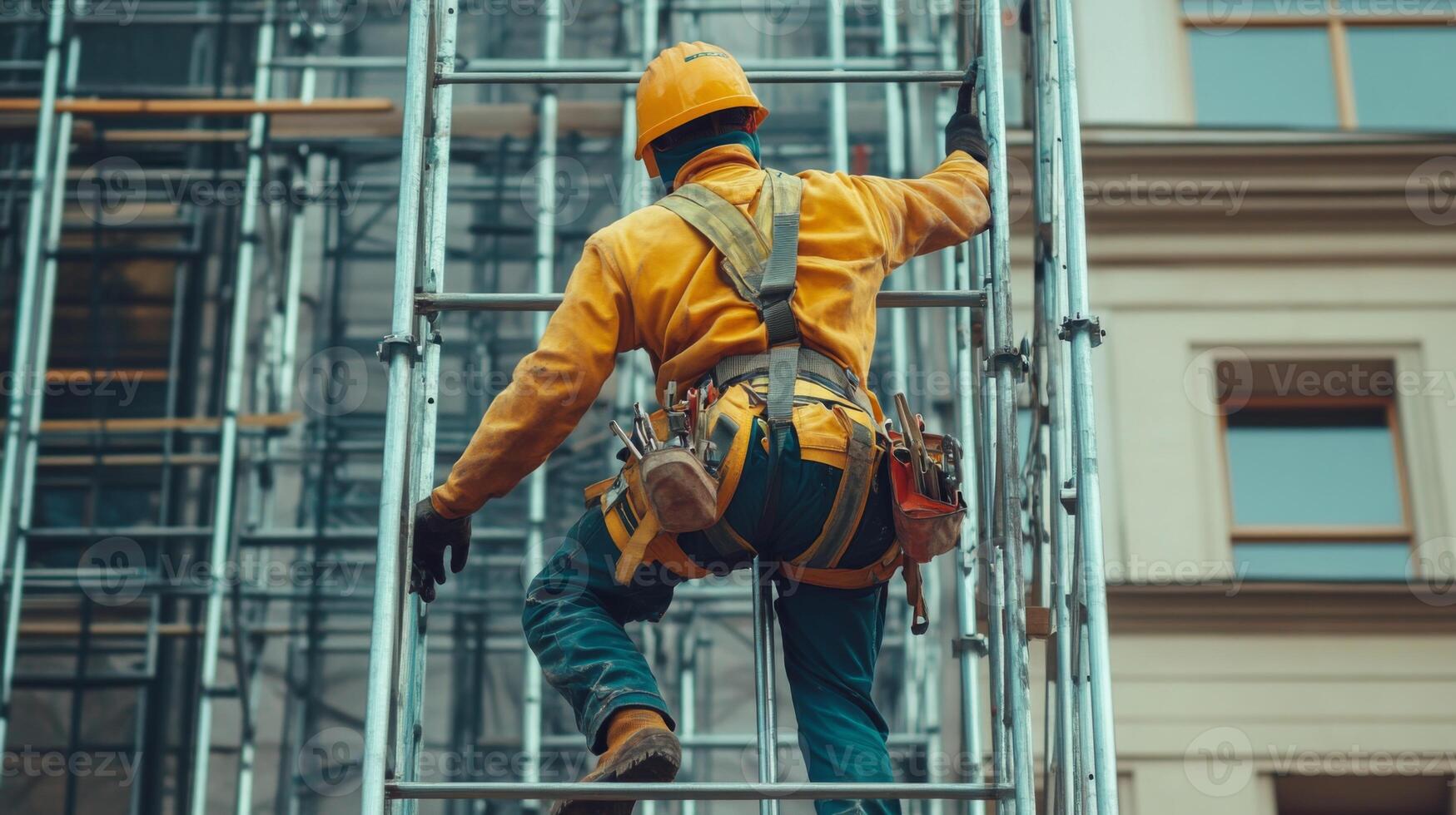 Construction Worker Ascending Scaffolding on a Building photo