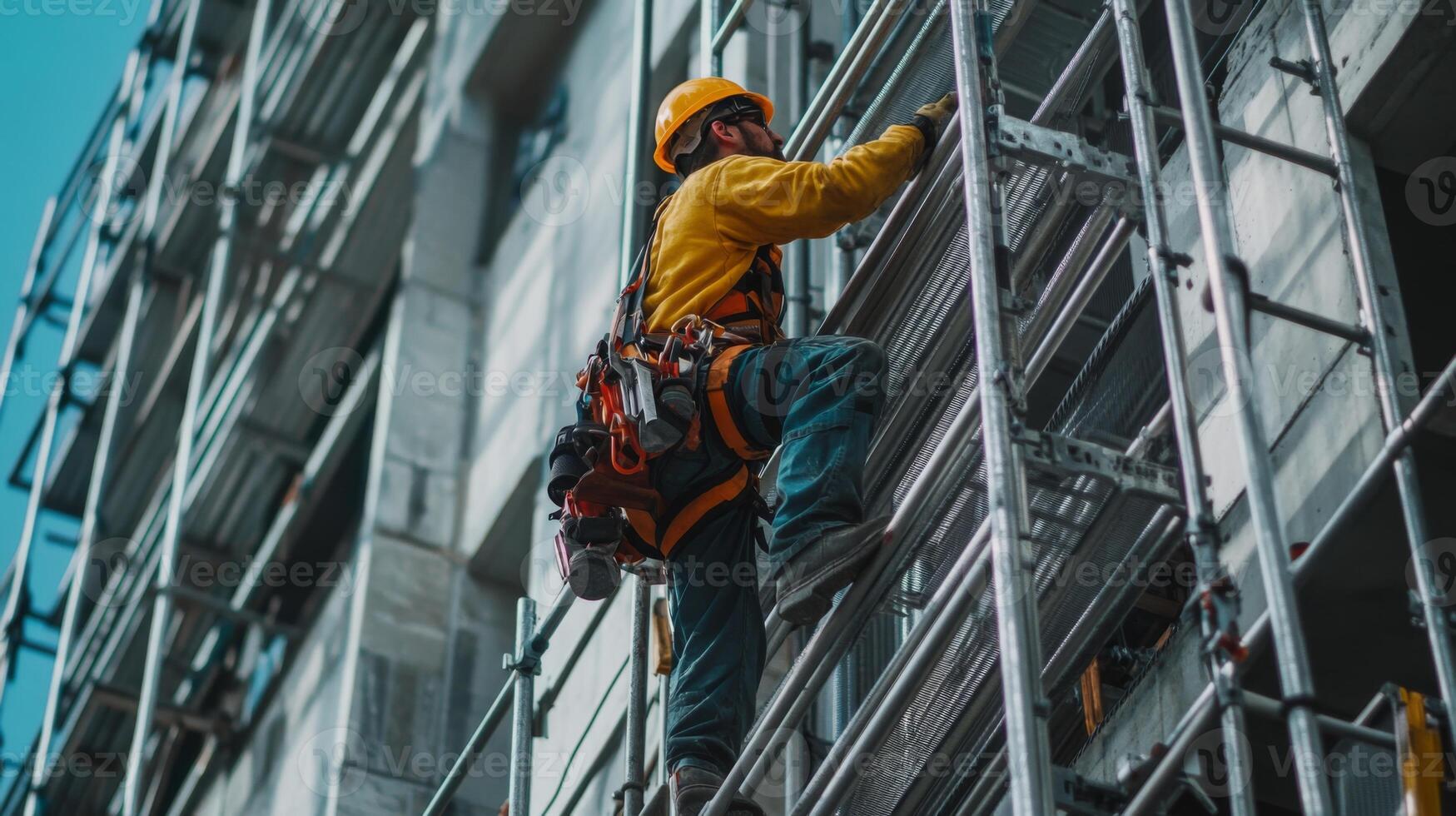 Construction Worker Ascending Scaffolding on a Building photo