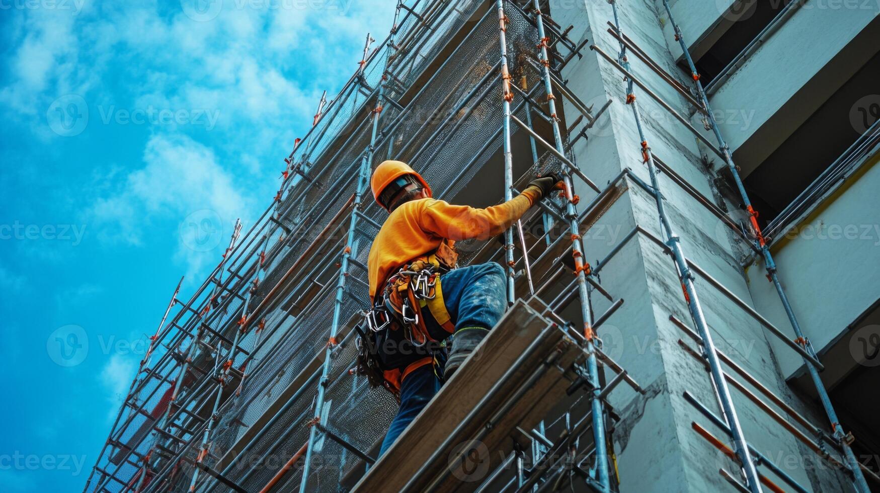 Construction Worker Ascending Scaffolding on Building Exterior photo