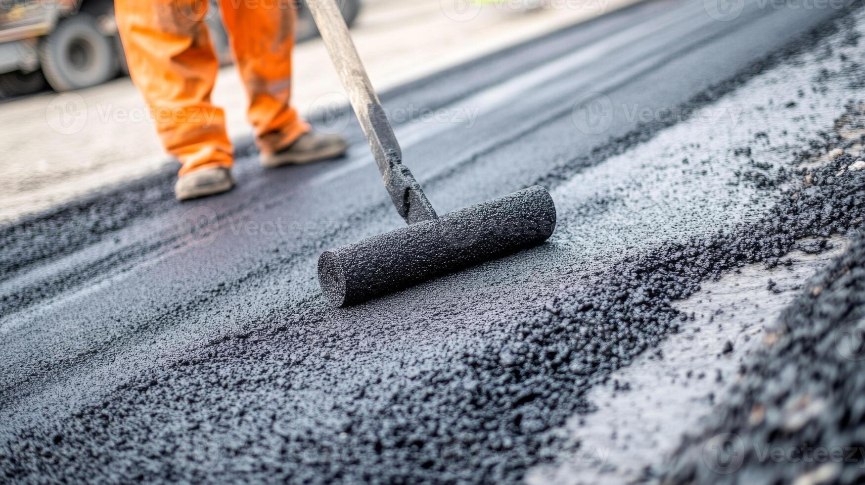 Worker using a roller to smooth freshly laid asphalt photo