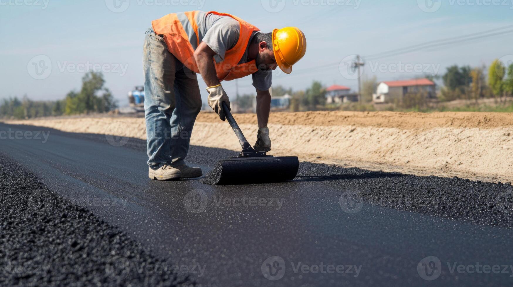Construction Worker Using a Roller to Smooth Asphalt on a Road photo