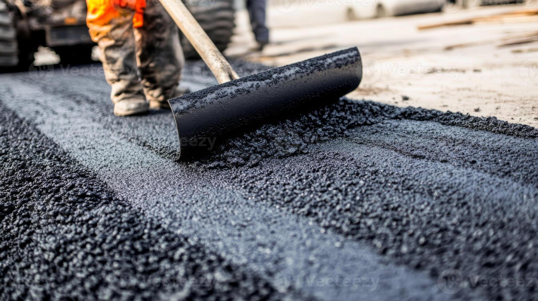 Worker Spreading Fresh Asphalt with a Rake photo