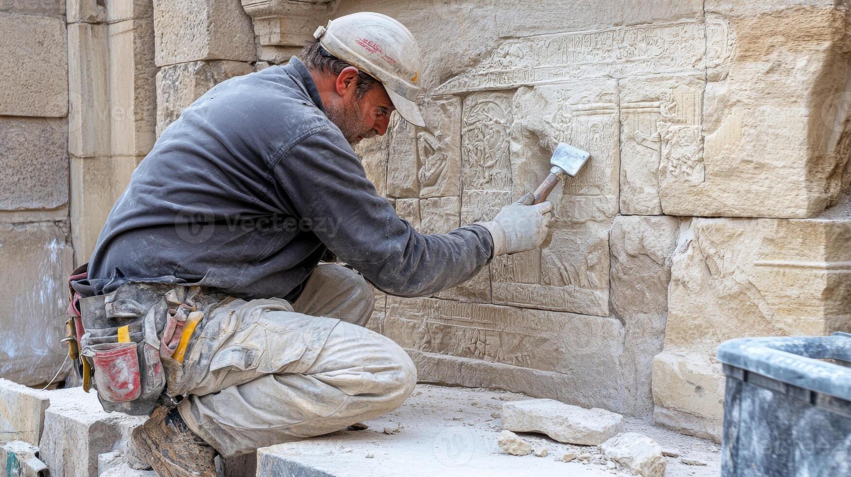 Construction worker using a chisel to carve stone photo