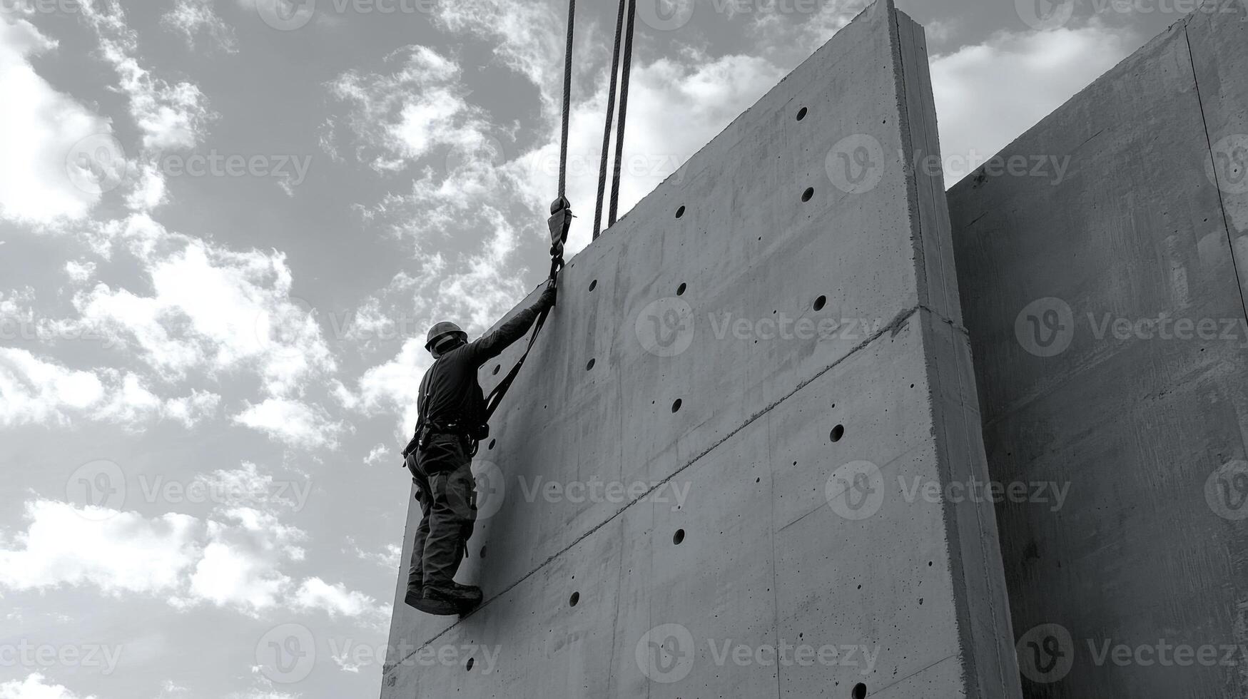 Construction Worker Ascending a Concrete Wall with Safety Gear photo