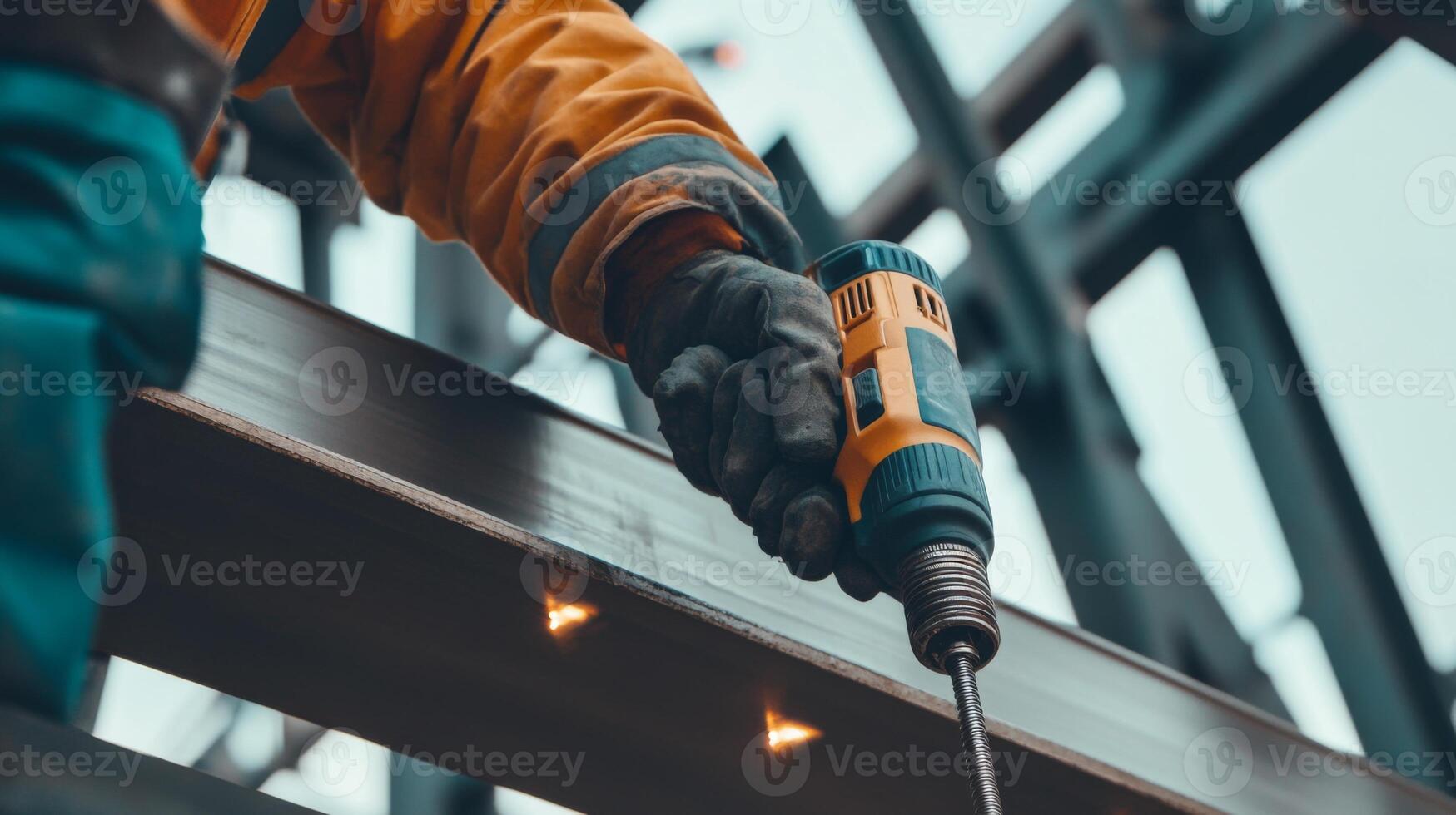 Construction Worker Using a Drill on a Metal Beam photo
