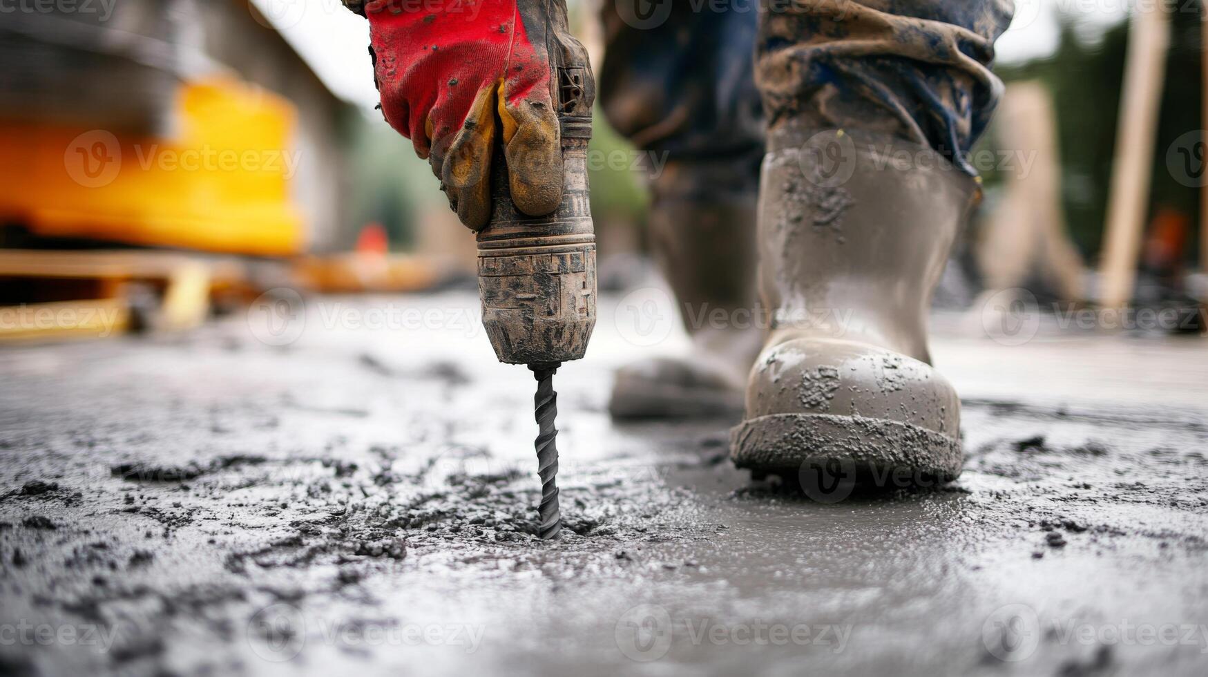 Close-up of a Driller's Hand Holding a Drill Bit Entering Concrete photo