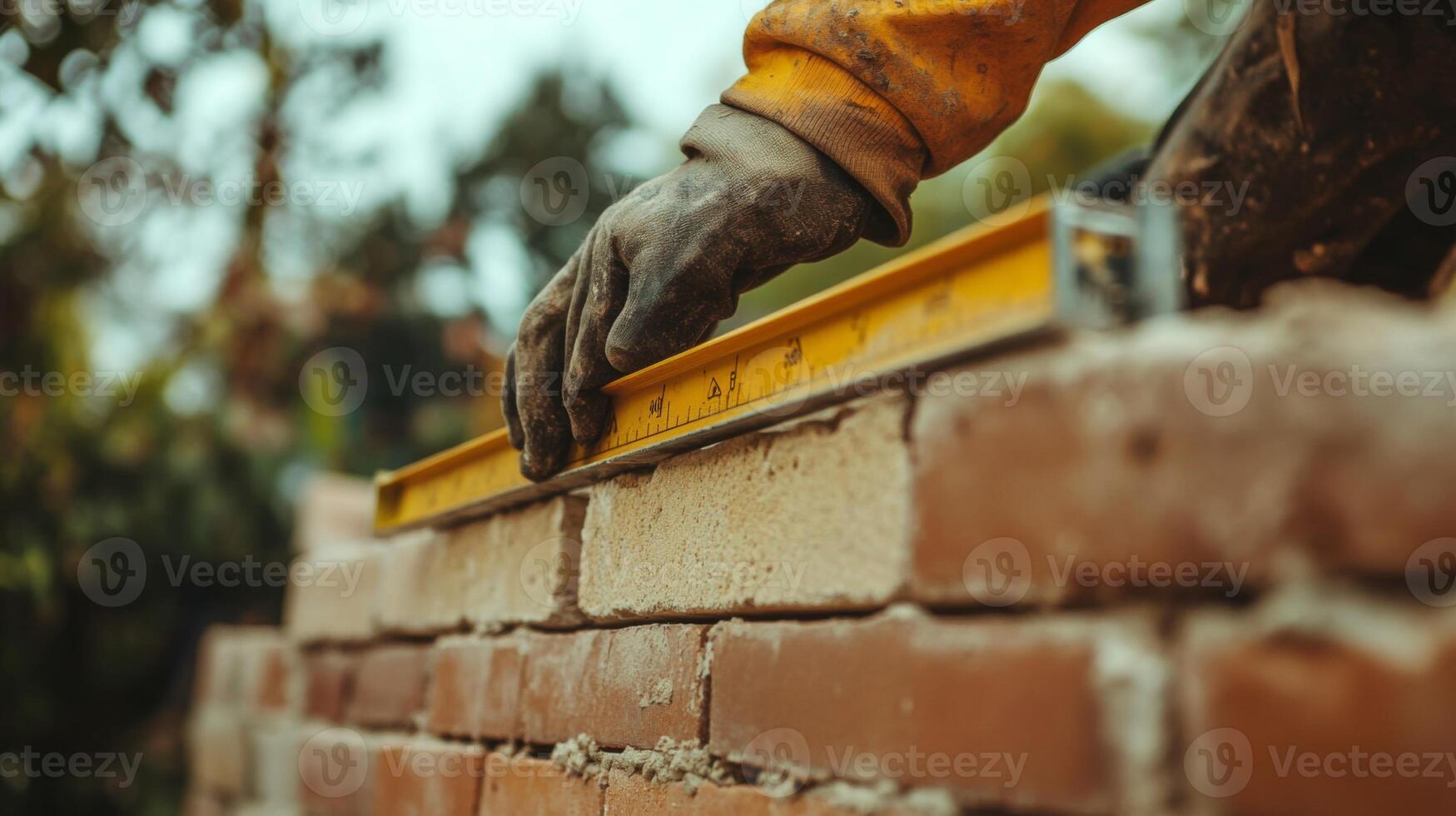 A Construction Worker Measures a Brick Wall with a Level photo