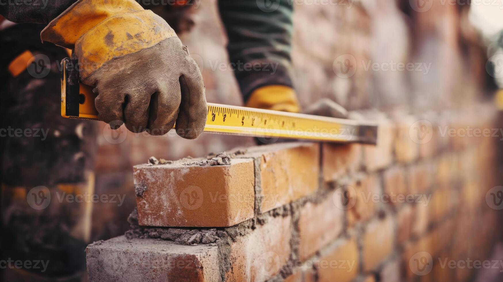 A Worker Measures a Brick Wall During Construction photo