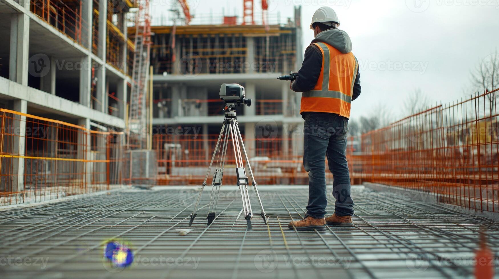 Construction Worker Inspecting Rebar Grid on New Building photo
