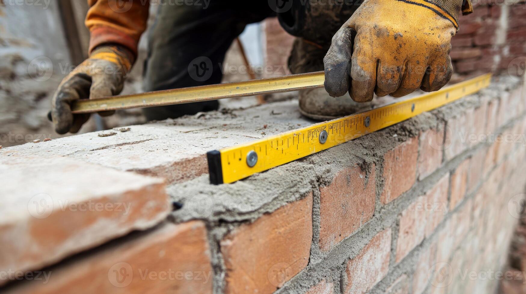 Construction Worker Using Level to Align Bricks photo