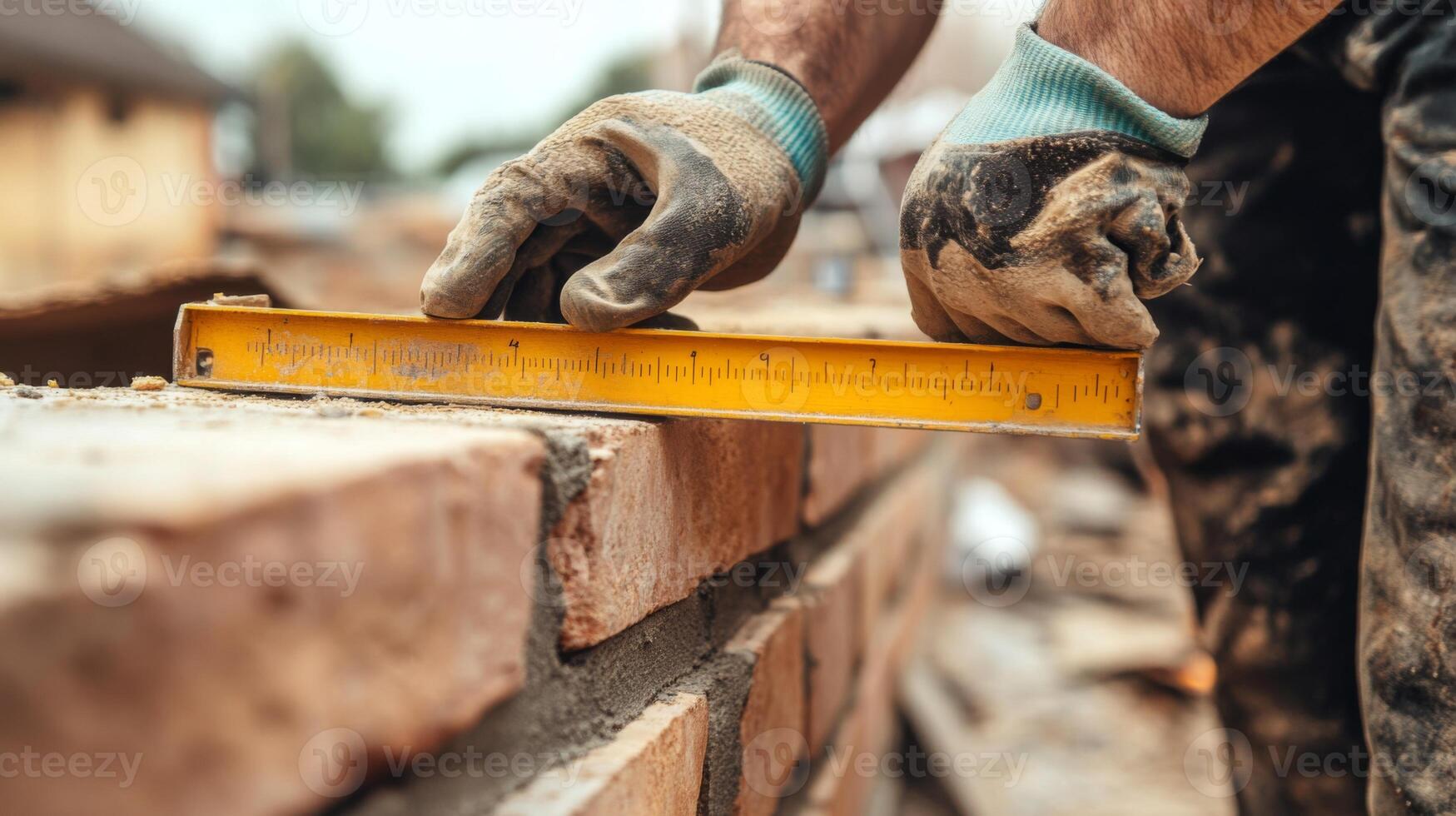 Construction Worker Measuring Brick Wall with Level photo