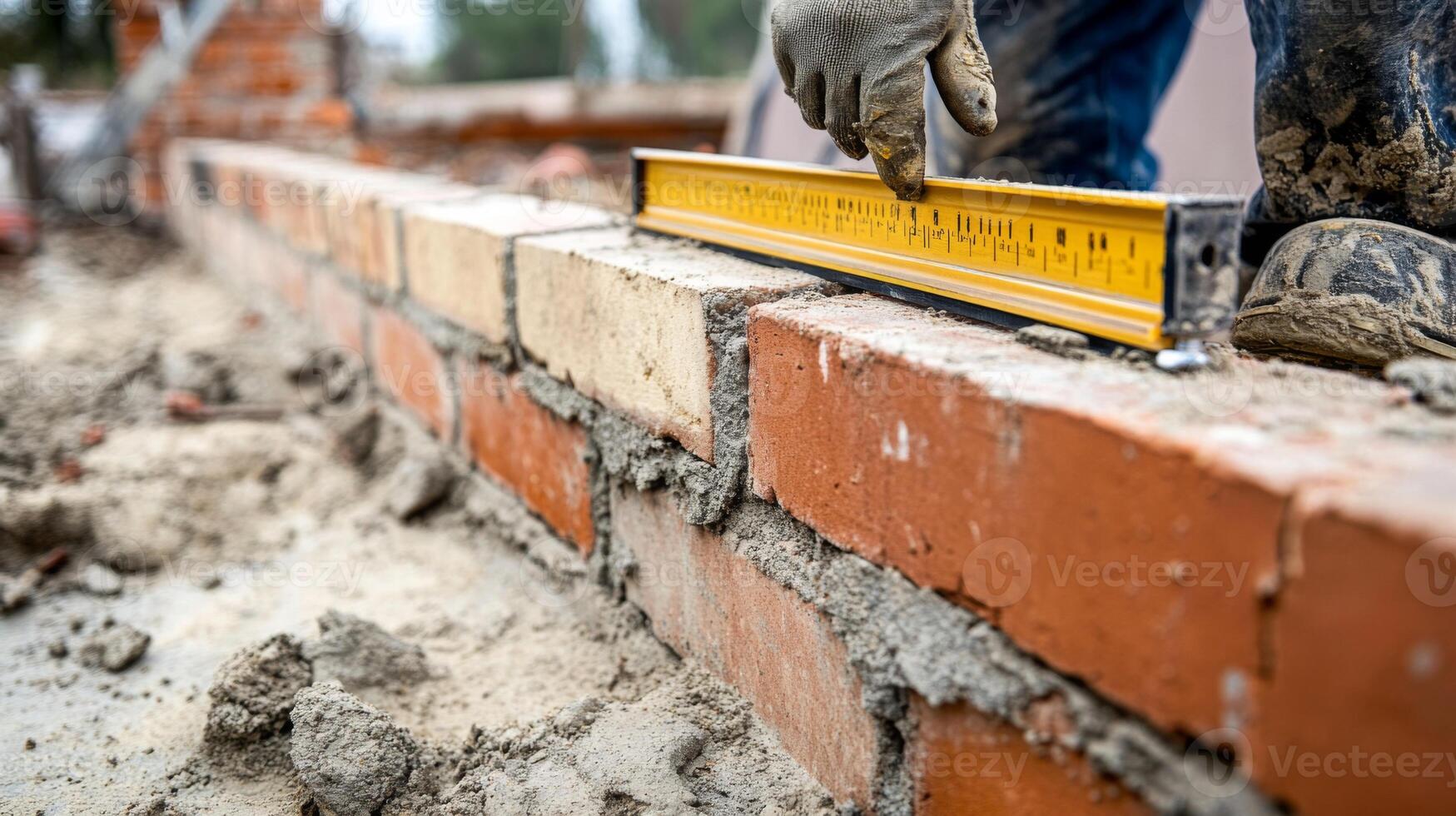 Construction Worker Using Level to Check Brick Wall Alignment photo