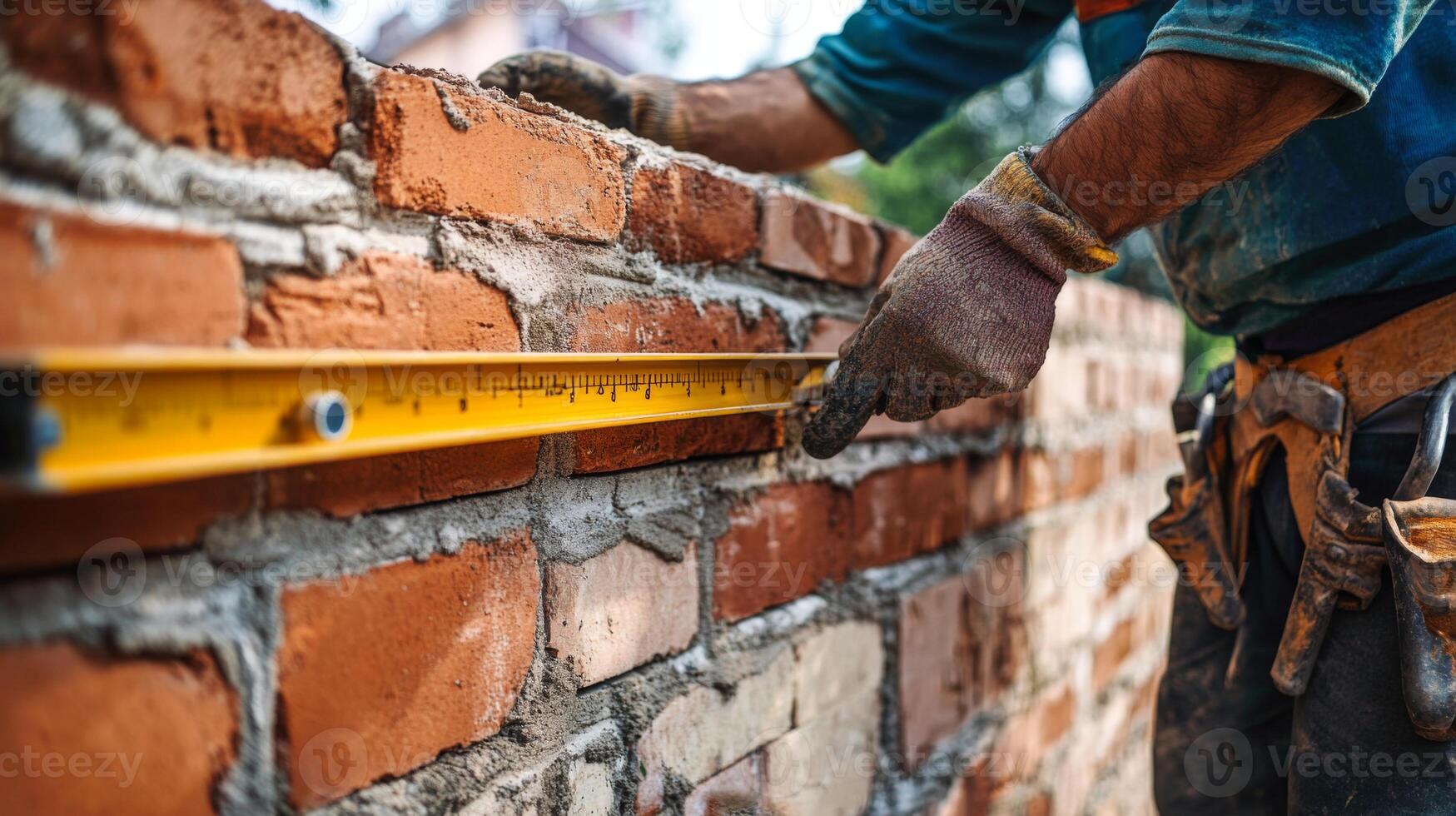 Construction Worker Using a Level to Ensure a Straight Brick Wall photo