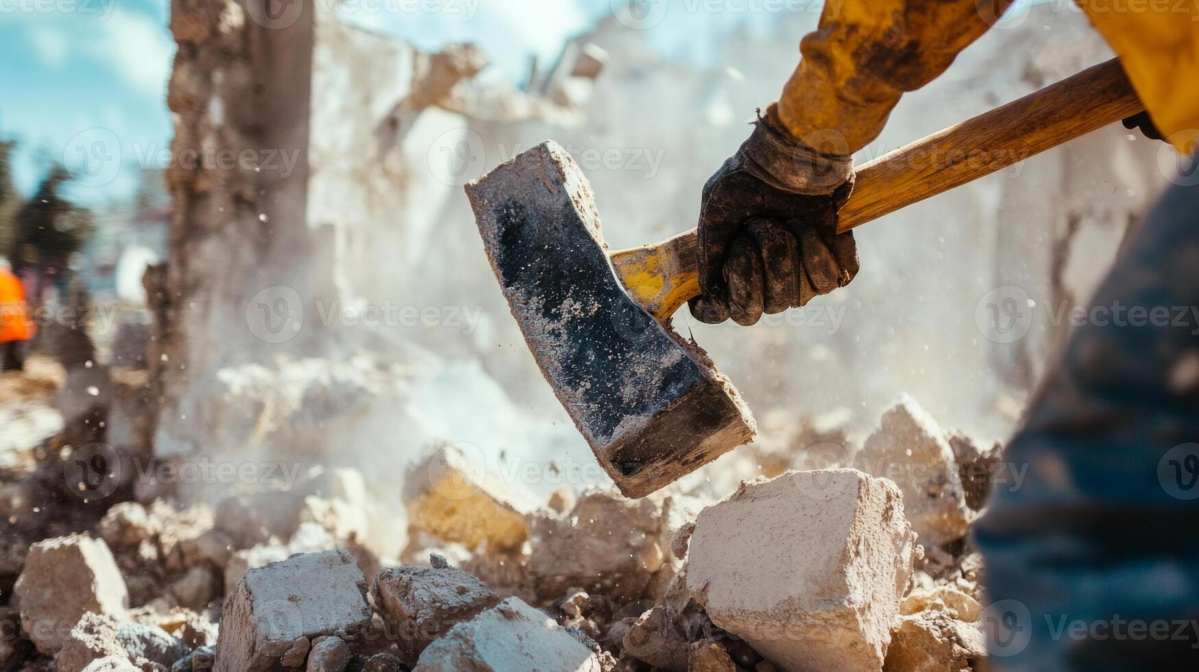 Close-up of a Construction Worker Demolishing a Building with a Sledgehammer photo