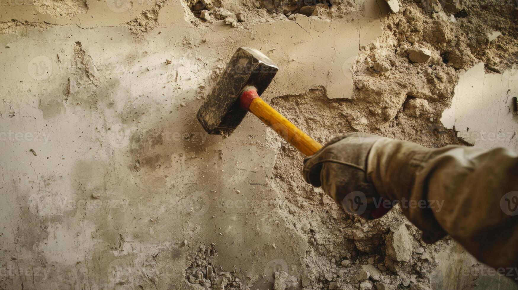 A gloved hand wielding a sledgehammer against a crumbling wall. photo