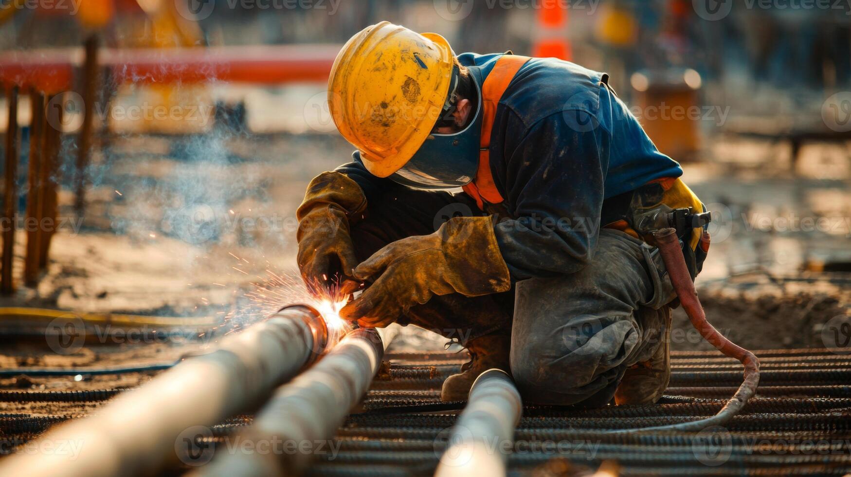 Construction Worker Welding Steel Rebar on a Construction Site photo