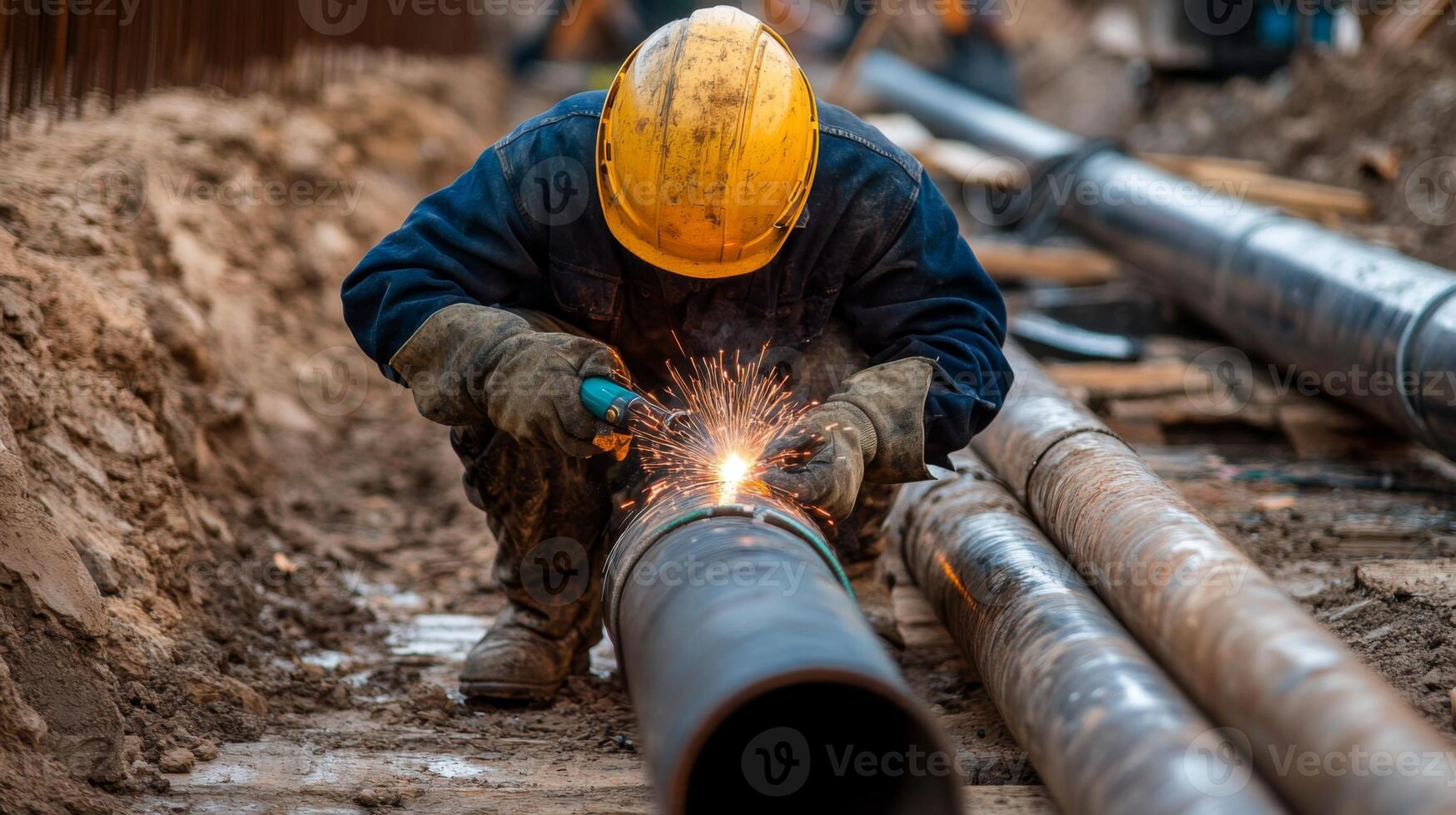 Construction Worker Welding Large Pipes in a Trench photo