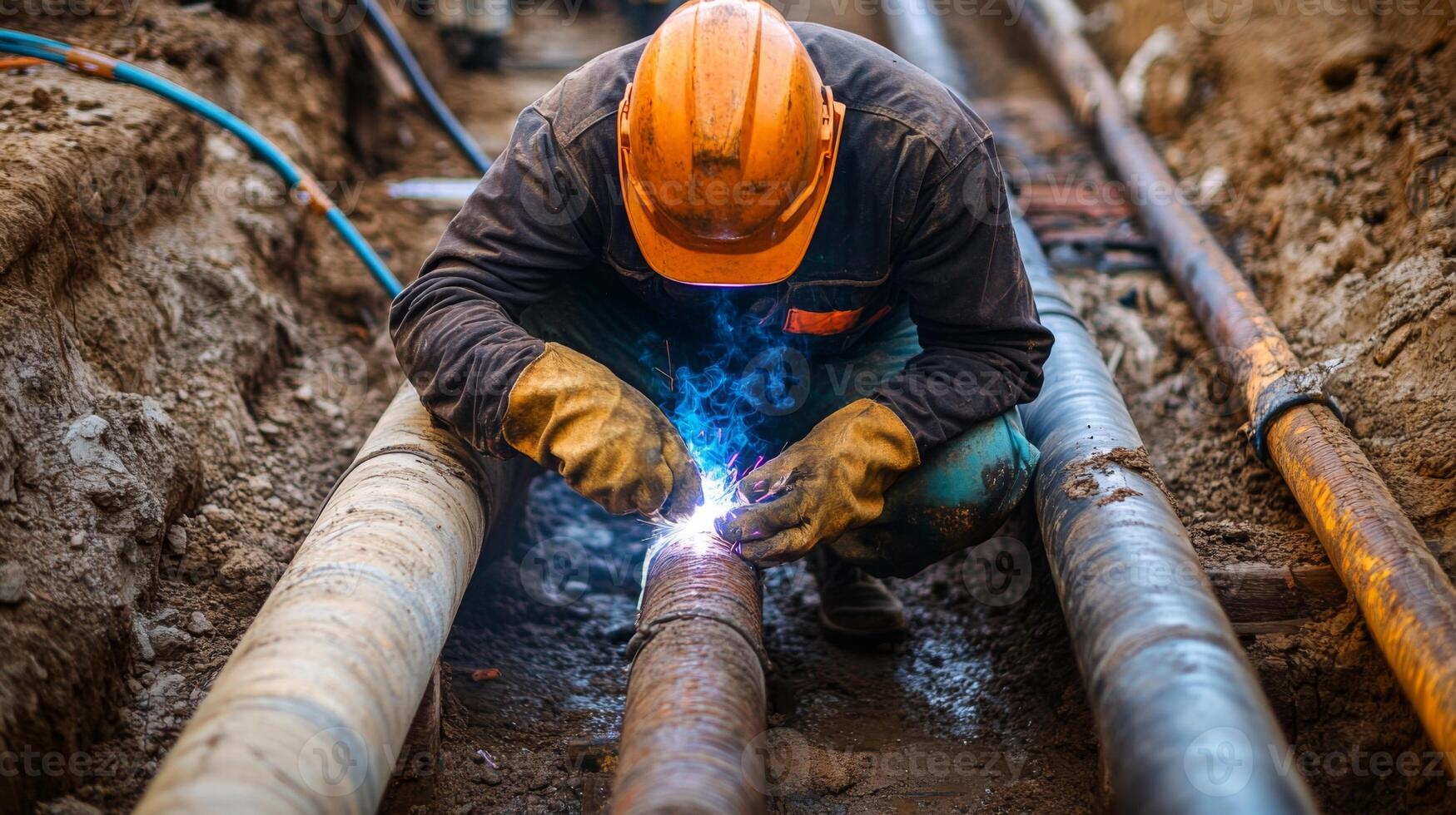 Welder Working on Underground Pipes in a Trench photo