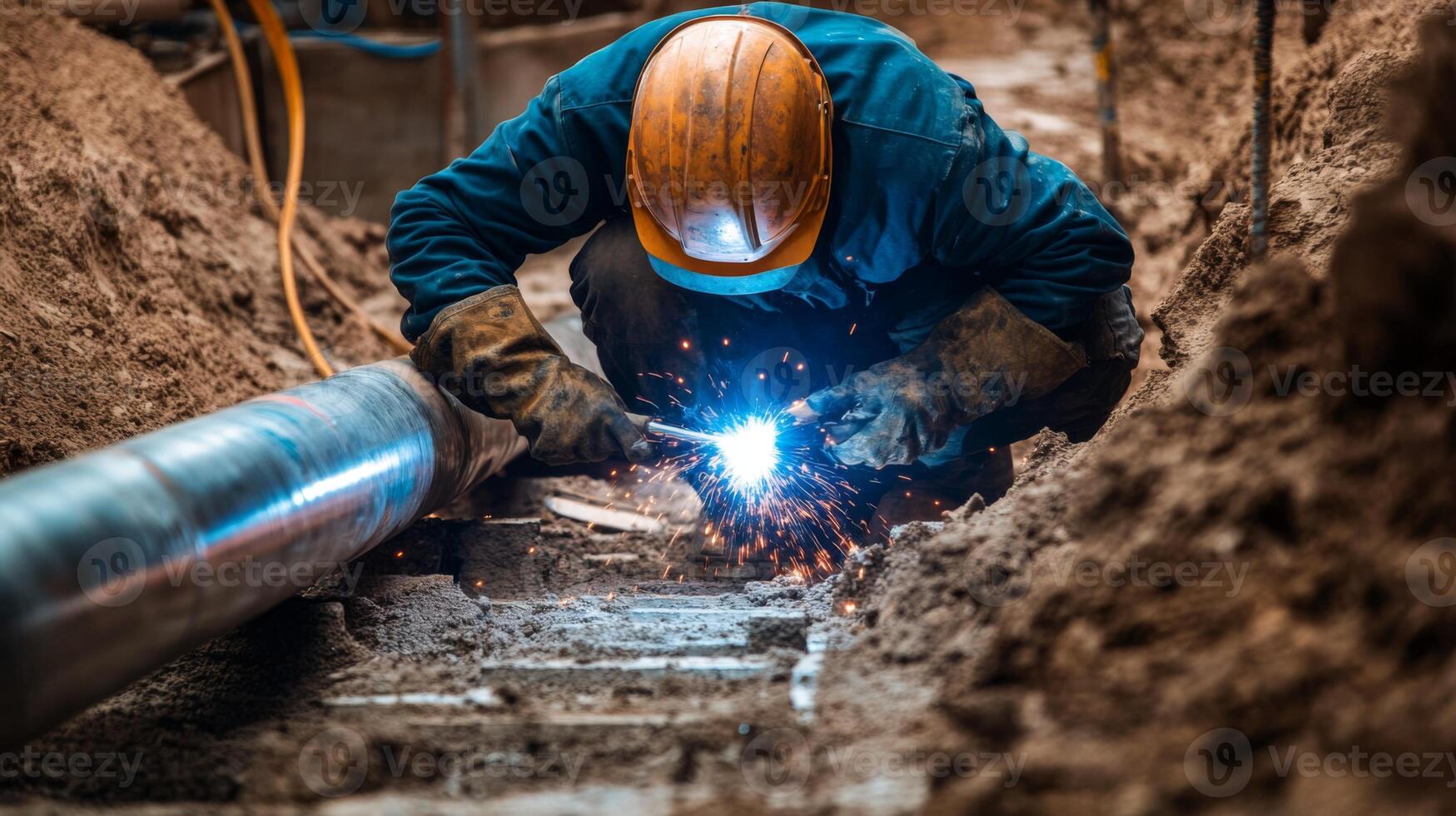 Construction Worker Welding a Large Pipe in a Trench photo