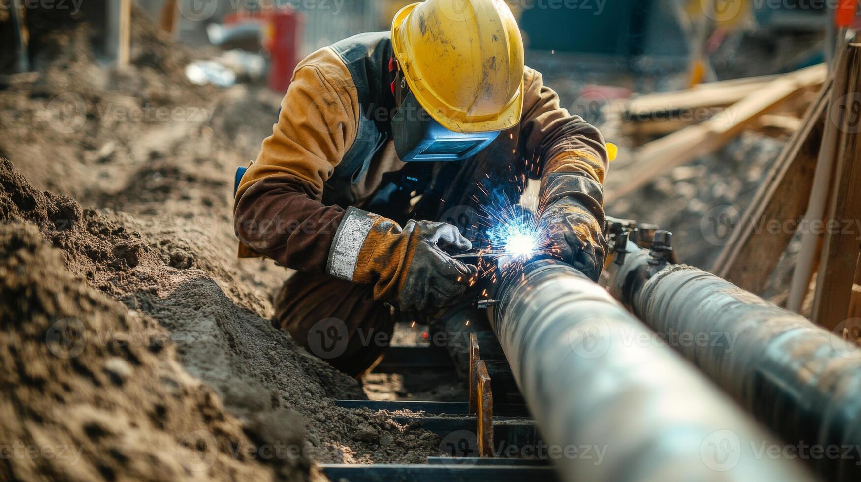 Welder working on a large pipeline in a construction site photo