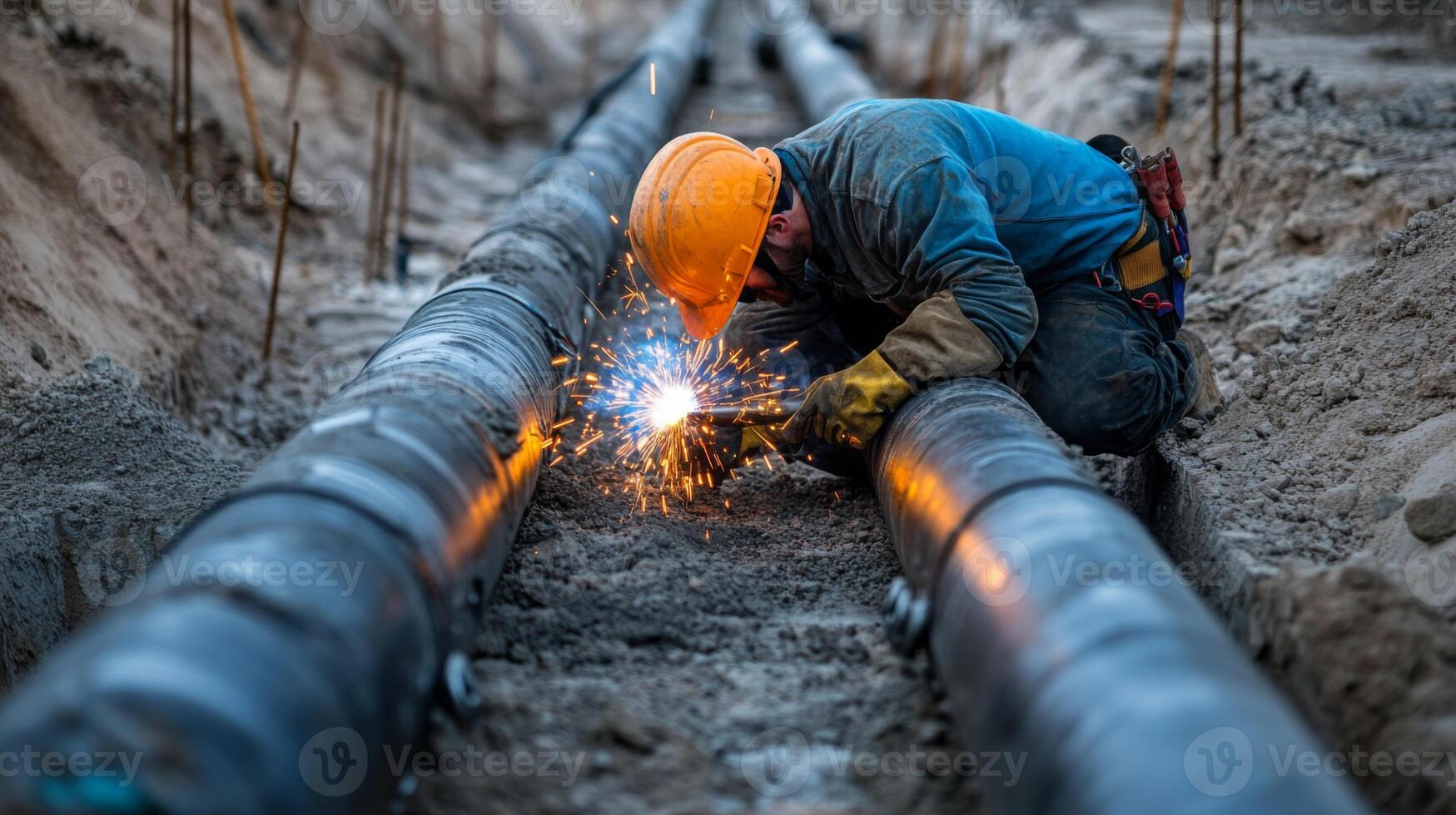 Construction Worker Welding Pipes in a Trench photo