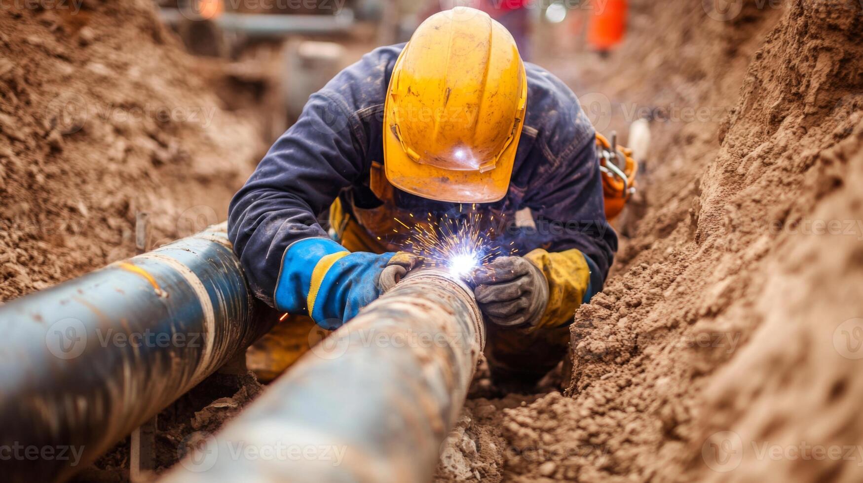 Construction Worker Welding Pipes in a Trench photo