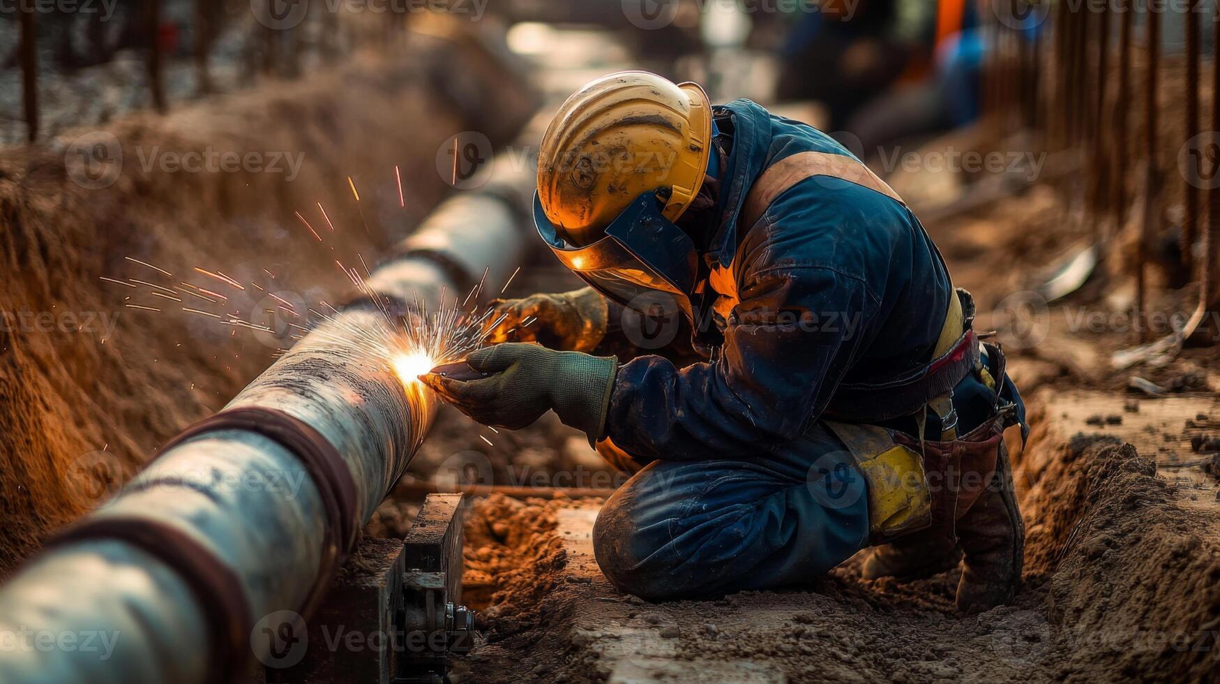 Welder in Safety Gear Working on Pipe with Sparks photo