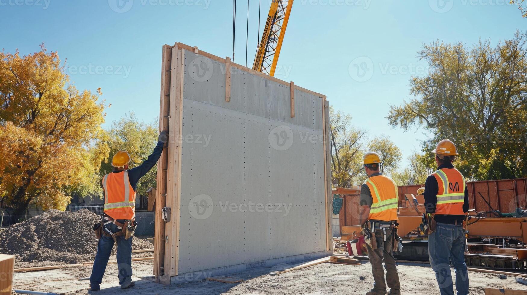Construction Workers Placing Concrete Wall Panel photo