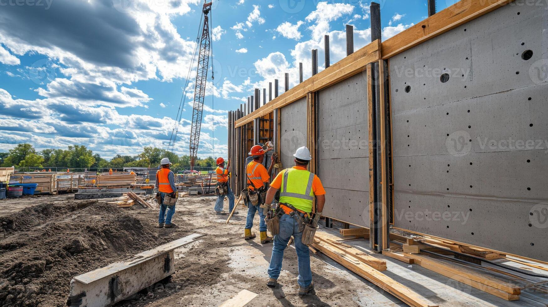 Construction Workers Installing Concrete Panels on a Building photo