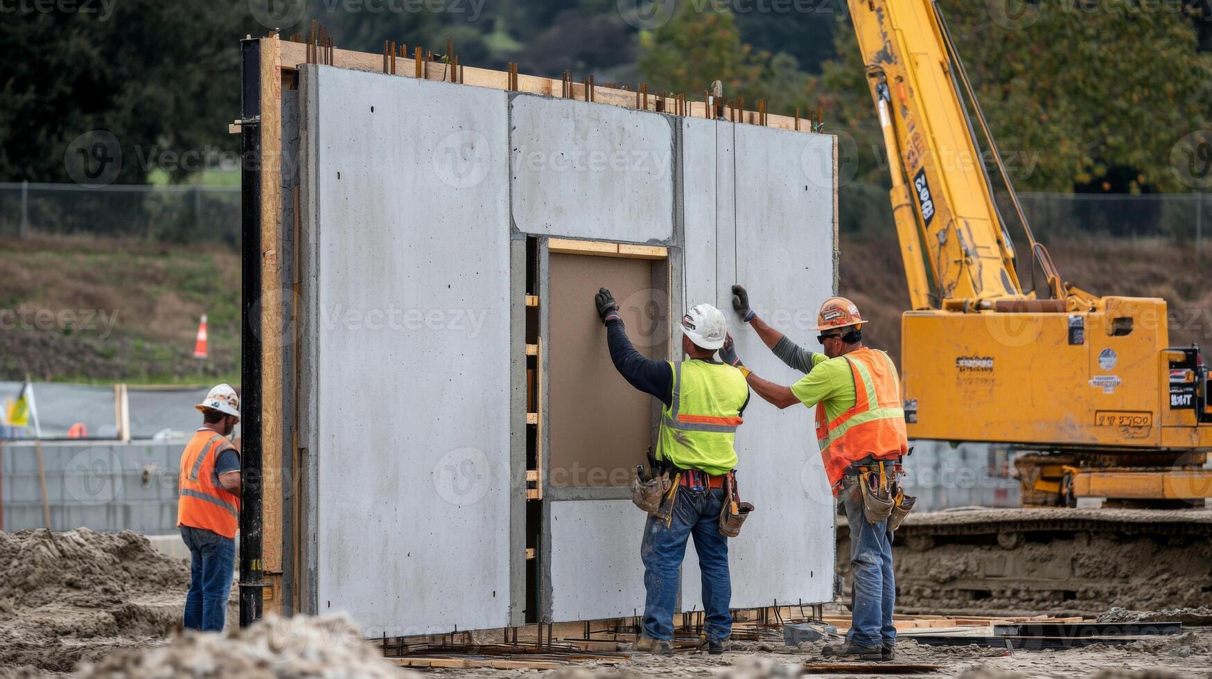 Construction Workers Installing Concrete Panels on a Building Site photo