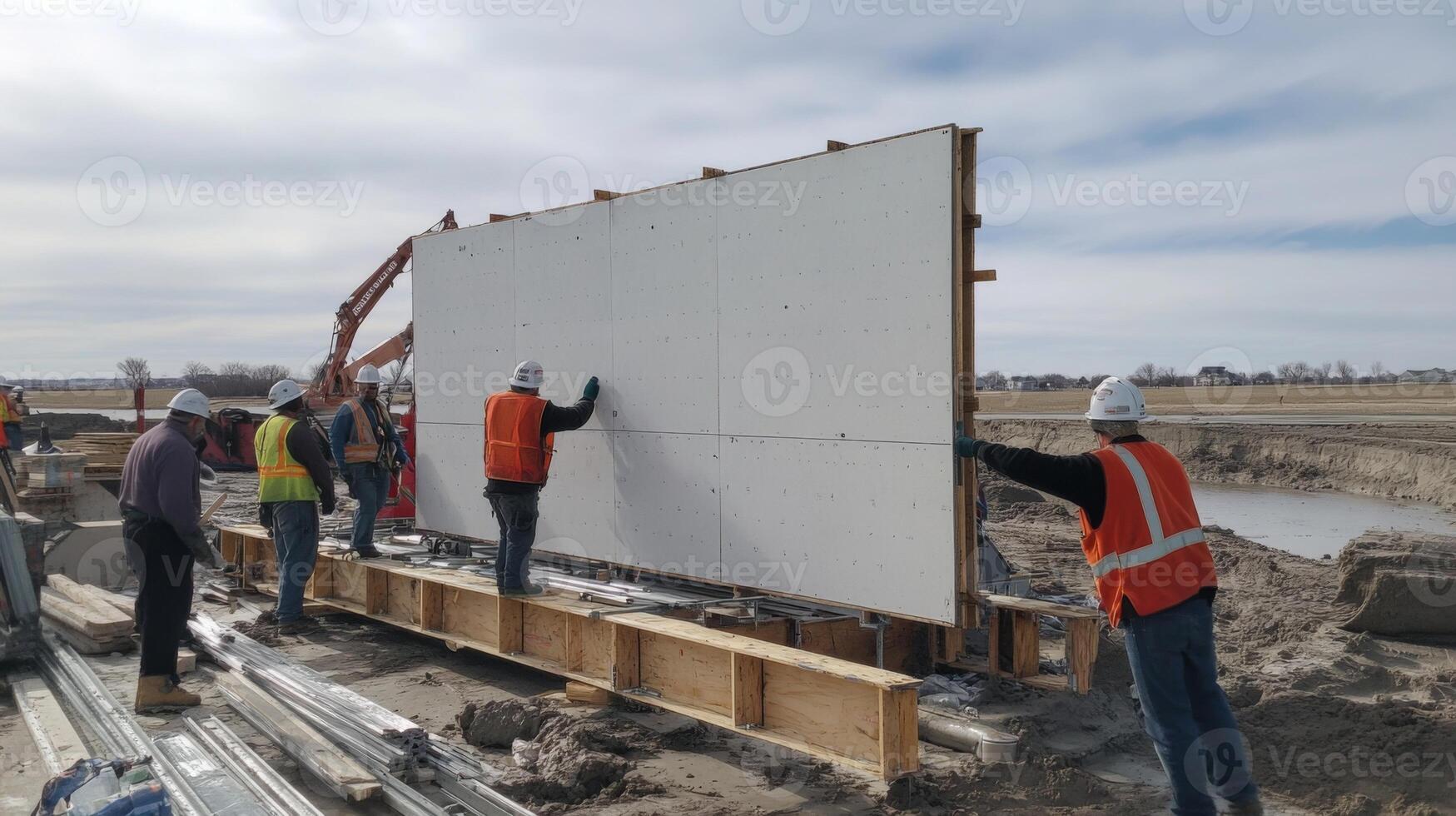 Construction Workers Installing a Large Panel on a Site photo