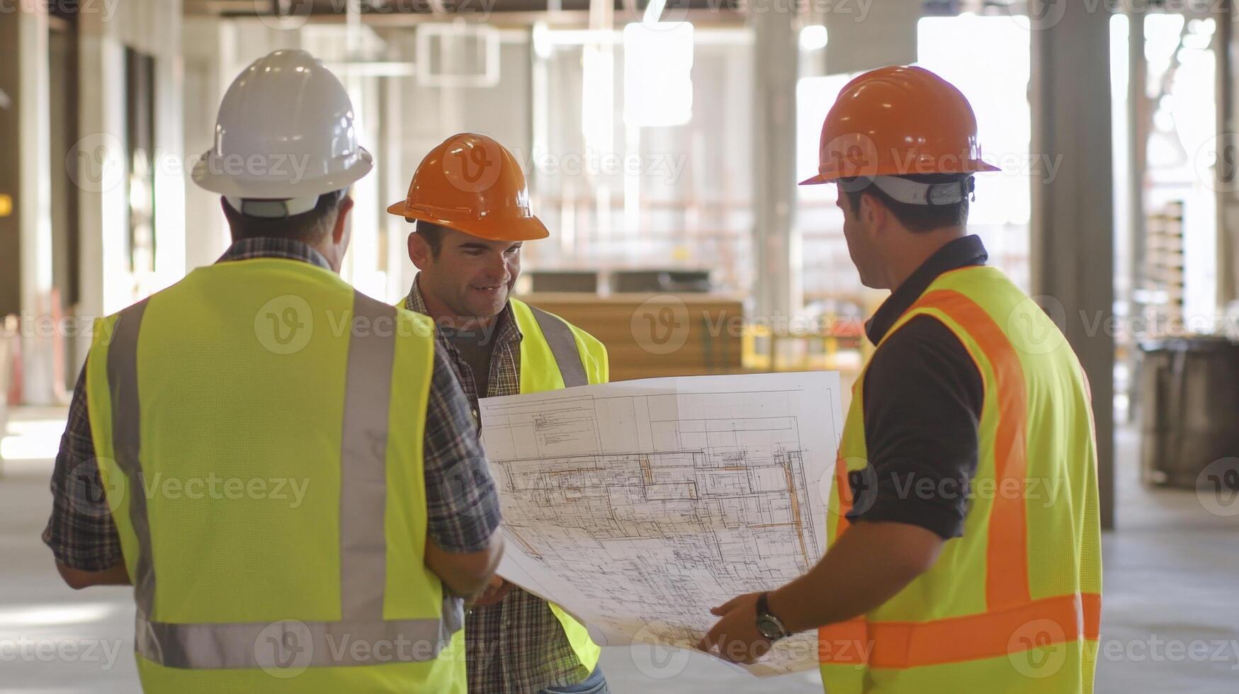 Construction Workers Reviewing Blueprint in Under Construction Building photo