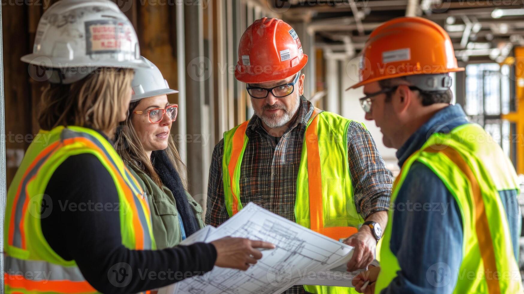 Construction Workers Discussing Blueprints on a Job Site photo