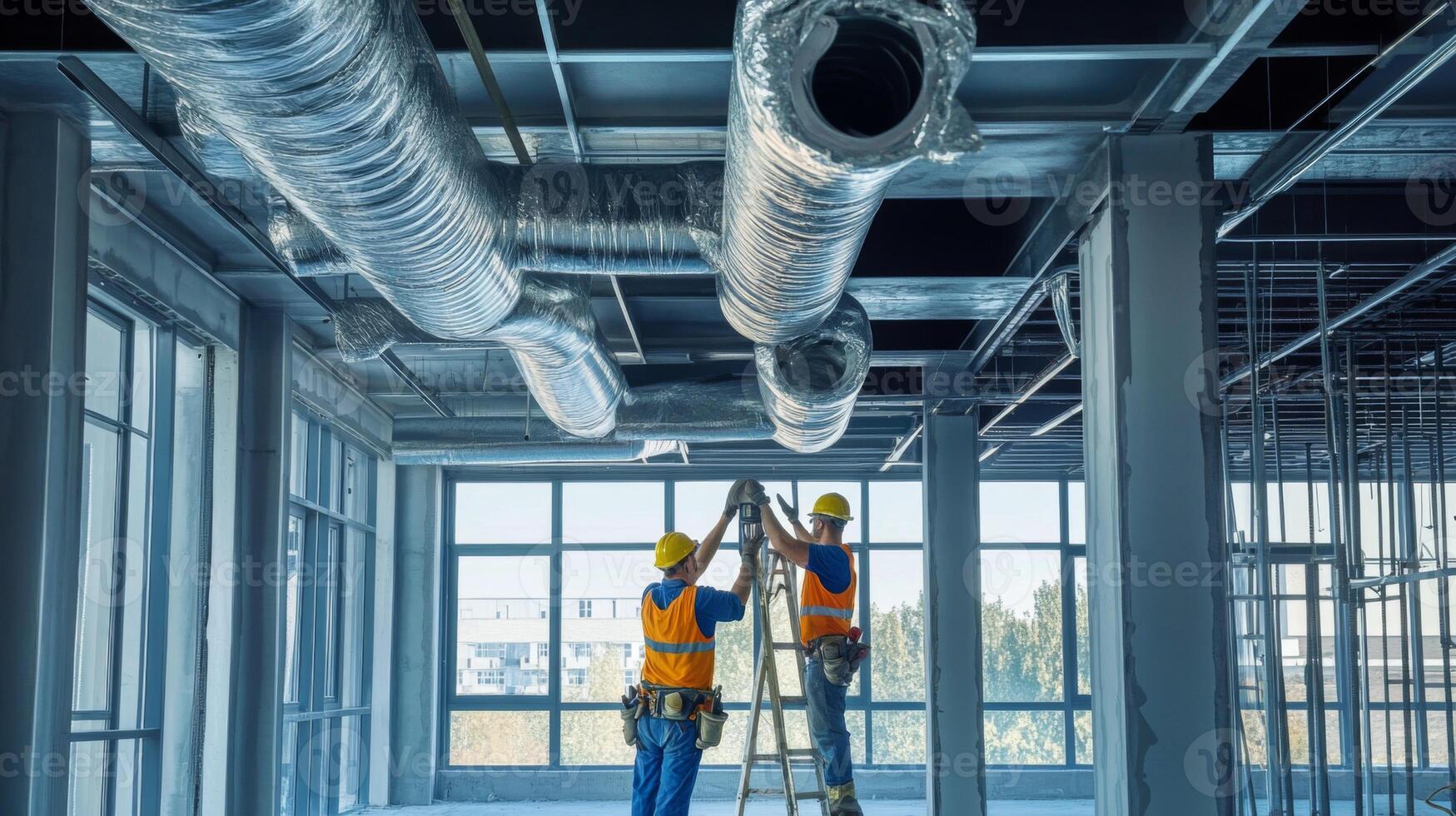 Construction Workers Installing Ventilation System in a Building photo